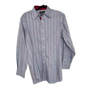 Paul Fredrick Button Up Shirt Mens Long Sleeve Blue Plaid Size 16 x 33 Tailored